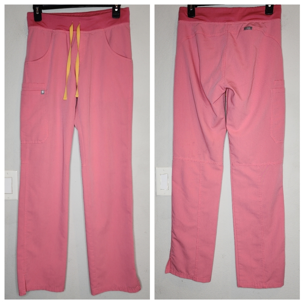 Figs Pink Scrub Pants with Yellow Drawstring